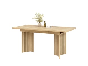 Table à manger extensible 120-160 cm, pieds en v rainurés, plateau rectangulaire, effet chêne clair et noyer