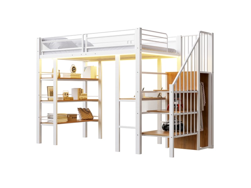  Lit mezzanine 90x200 cm avec bureau et rangements en métal blanc  - Conforama A