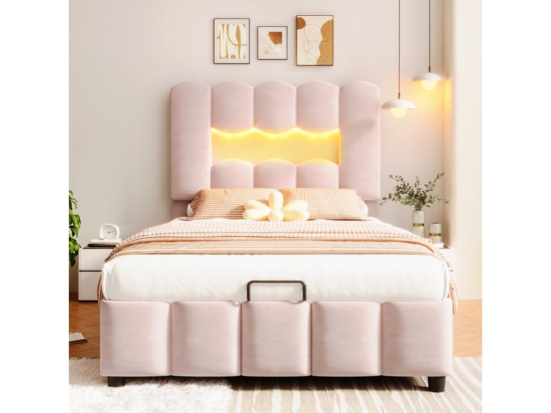  Lit coffre enfant 90x200 cm avec rangement hydraulique, tête de lit réglable et led multicolore, velours, rose, sans matelas  - Conforama B