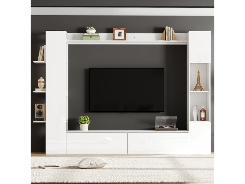  Meuble tv mural 245x30x170 cm - ensemble 4 pièces avec vitrine à porte réversible et nombreux rangements pour salon - blanc  - Conforama E
