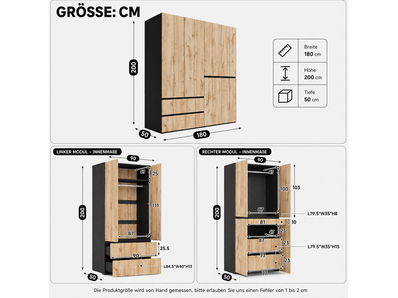  Armoire battante 180x50x200 cm, 2 tringles, 5 tiroirs, mdf, bois et noir, chambre et dressing, rangement vêtements déco  - Conforama C