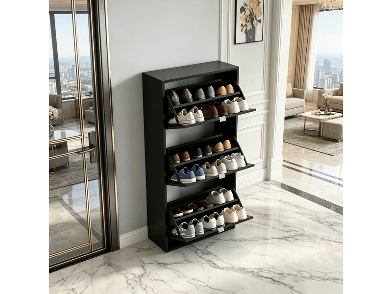Meuble à chaussures 3 abattants avec cloisons réglables - lpospi - plateau vide-poches mdf noir 60 × 26 × 124 cm - Conforama B