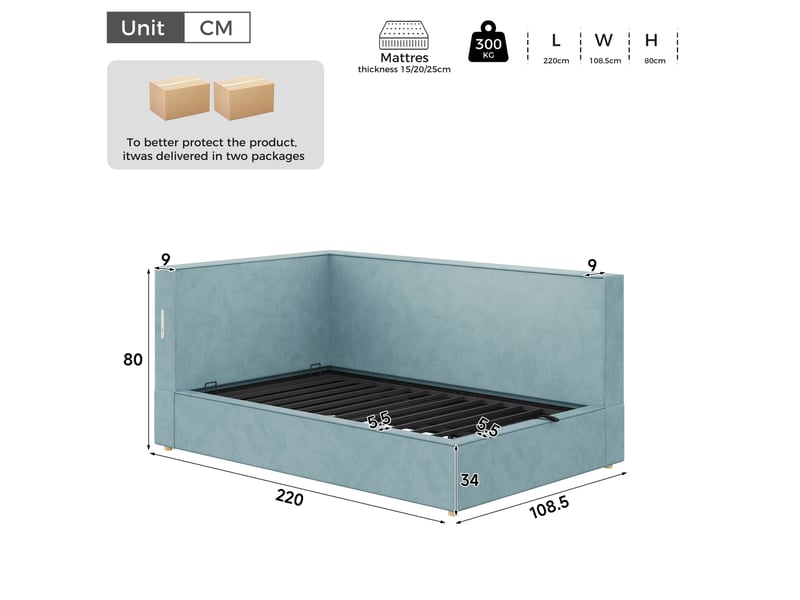  Lit banquette coffre 90x200cm avec levage hydraulique, led, usb-a et usb-c, sommier à lattes, dossier rembourré en velours bleu, pour chambre  - Conforama E