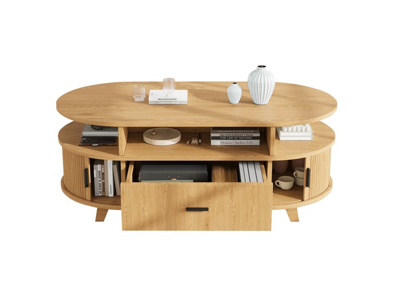  Table basse ovale 100x50x40 cm avec tiroir et portes à rideau, finition bois naturel  - Conforama A