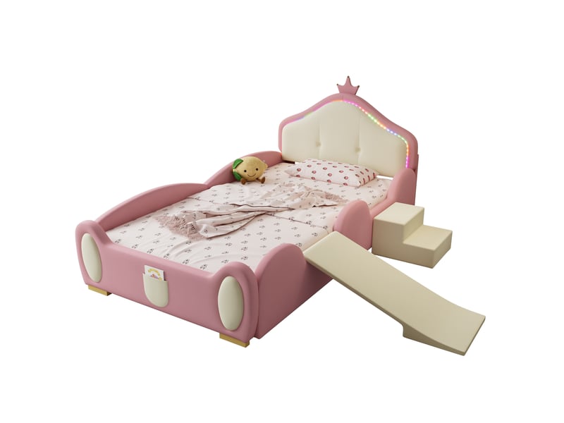  Lit enfant 90x200 cm avec toboggan, escalier et led multicolore rose et beige  - Conforama A