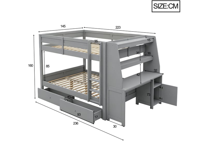 Lit superposé 140 × 200 cm avec bureau, armoire, étagères et tiroirs, montage réversible, chambre enfant - Conforama C