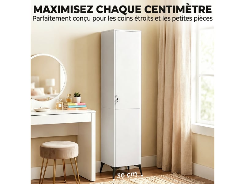  Armoire chambre étroite penderie avec porte, tringle et étagères de rangement, 36 x 40 x 180 cm, blanc  - Conforama E