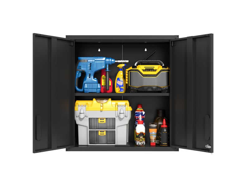  Armoire à outils murale 75x30x77 cm noire en acier allié, 2 portes verrouillables et étagère réglable  - Conforama A