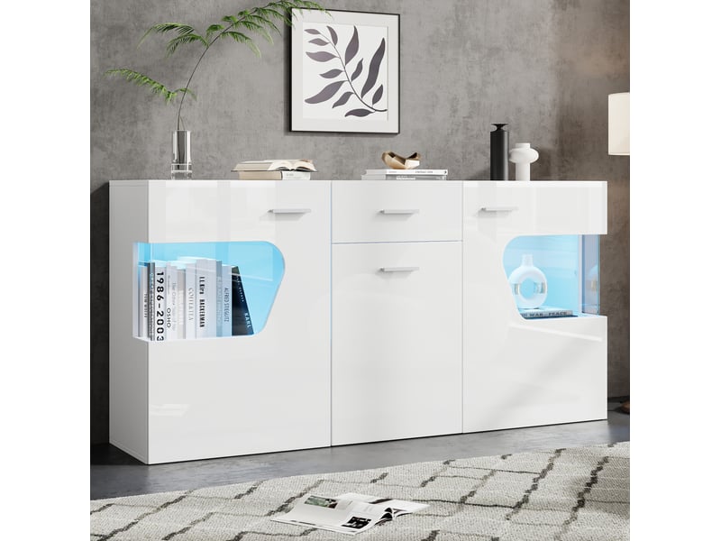  Buffet bas 140x33x70 cm, 3 portes, led intégrée, mdf blanc, design moderne, meuble de rangement pour salon et cuisine  - Conforama D