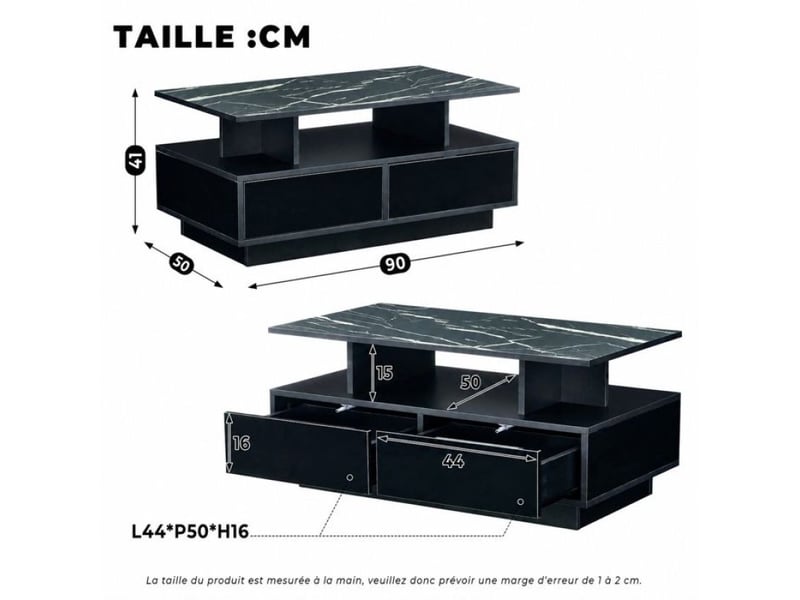  Table basse moderne effet marbre, noire, à deux niveaux avec 2 tiroirs et niche ouverte, 90 x 50 x 41  - Conforama D