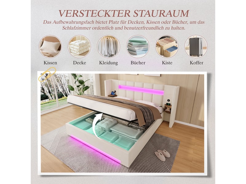 Lit coffre 160x200 cm, lit double, rangement hydraulique, armoire, led, port usb, velours beige  - Conforama W