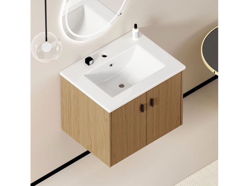 Armoire de salle de bain avec 2 portes à fermeture douce, rangement pour petits espaces, en mdf chêne clair, 60 cm - Conforama C