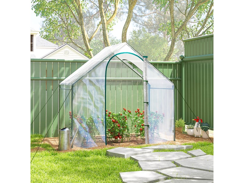  Serre avec fenêtre, porte, structure en acier et bâche imperméable anti-uv, 180 x 100 x 168 cm, transparente  - Conforama D
