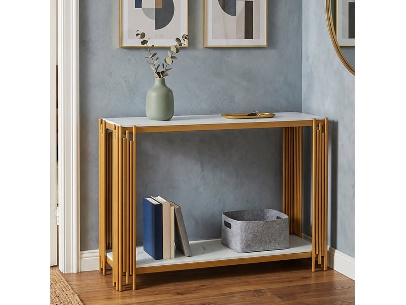 Console 123,5x33,5x80 cm à 2 niveaux effet marbre blanc et métal doré  - Conforama E