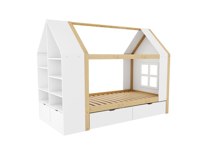 Lit cabane enfant 90x200 cm - 2 tiroirs et rangement - led - lit multifonction en bois - lit 1 place - blanc - Conforama W