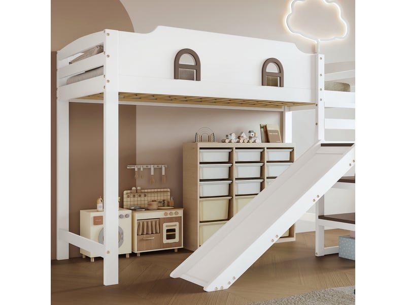  Lit superposé enfant avec toboggan fenêtre et escalier rangement 90x200 cm blanc et brun pin et mdf couchage sécurité Sol Morn - Conforama E