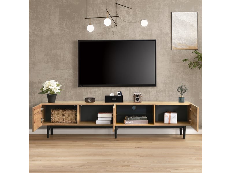  Meuble tv 175 cm – bois clair –  led app –  3 portes push‑open -  style campagne  – bois naturel - buffet bas et table tv moderne  - Conforama E