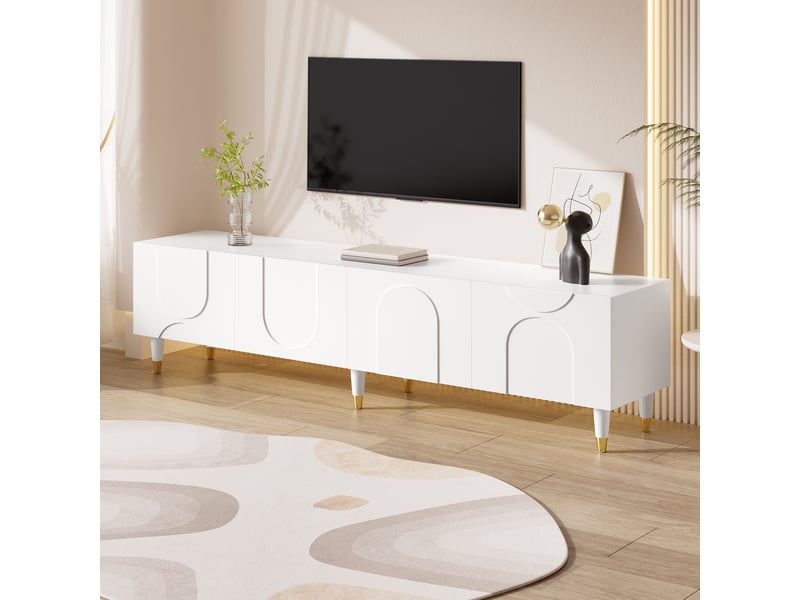  Meuble tv 180x40x50 cm - meuble bas à relief arqué asymétrique, 4 portes, multiples rangements, pieds en bois massif  - Conforama D