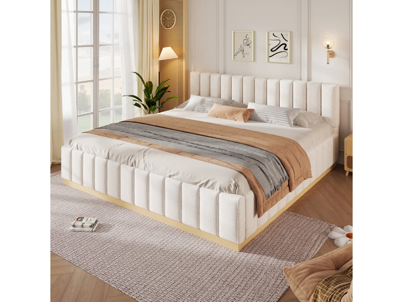  Lit double rembourré 180x200 cm lit adulte avec sommier à lattes, chenille, beige evarich - Conforama B