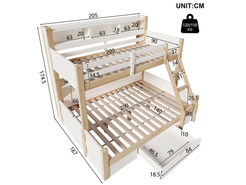  Lit superposé 90x200 cm et 140x200 cm avec rangements et led blanc naturel  - Conforama C