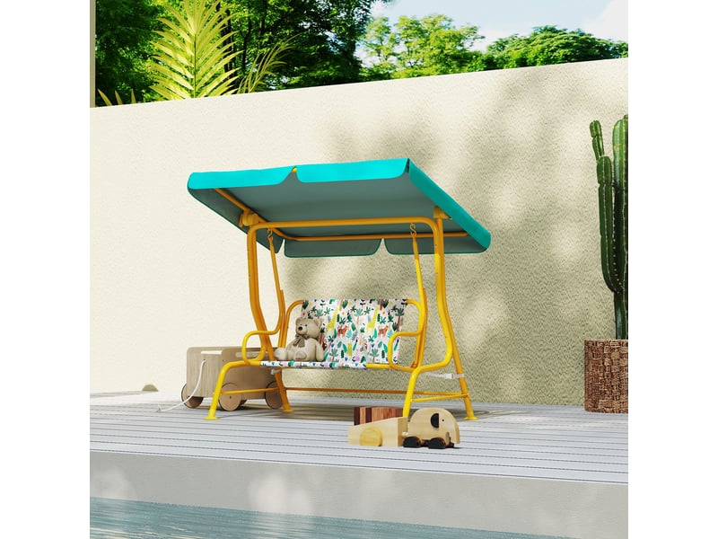  Balançoire hollywood 2 places enfant, pare-soleil réglable, ceinture sécurité. 3-6 ans, jusqu'à 60kg, 112x75x120 cm, verte.  - Conforama C
