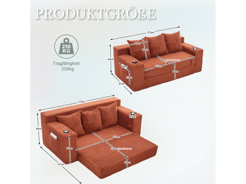 Canapé modulable 3 places 172 x 87 x 64 cm orange en velours côtelé, avec porte-gobelets et poches latérales - Conforama C
