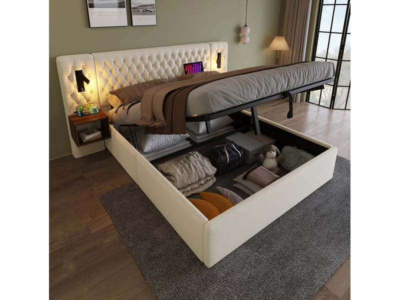  Lit coffre 160x200 cm, beige, sommier à lattes, usb, lampes de lecture, doté de 2 tables de chevet  - Conforama E