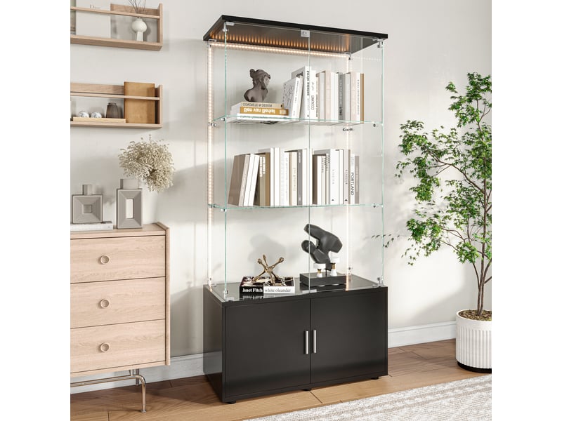  Vitrine en verre 3 niveaux avec meuble de rangement inférieur et ruban led - 78,51 x 35 x 164 cm - noir - armoire d'exposition - ruban led  - Conforama C
