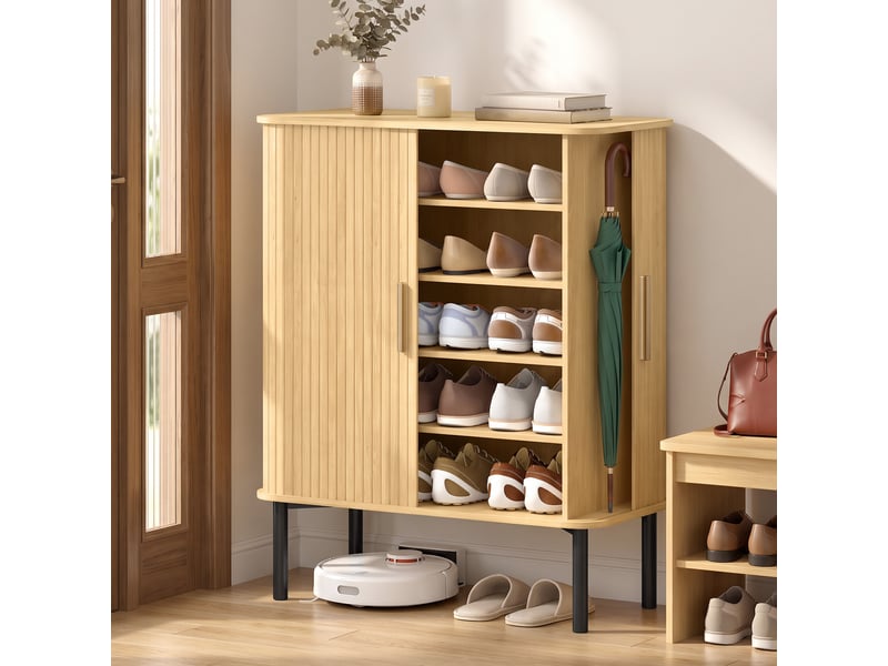  Meuble à chaussures à 5 étagères pour 15 paires de chaussures, portes coulissantes, étagères réglables, 78 x 38 x 95,2 cm, chêne  - Conforama C