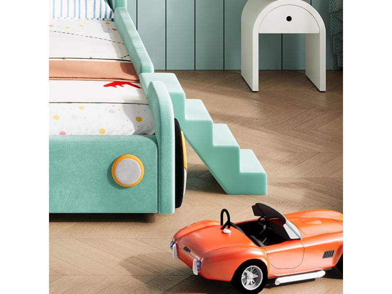 Lit voiture pour enfant avec toboggan et escalier-montage gauchedroite-cadre bleu-vert rembourré-barrière 90x200 cm - Conforama E