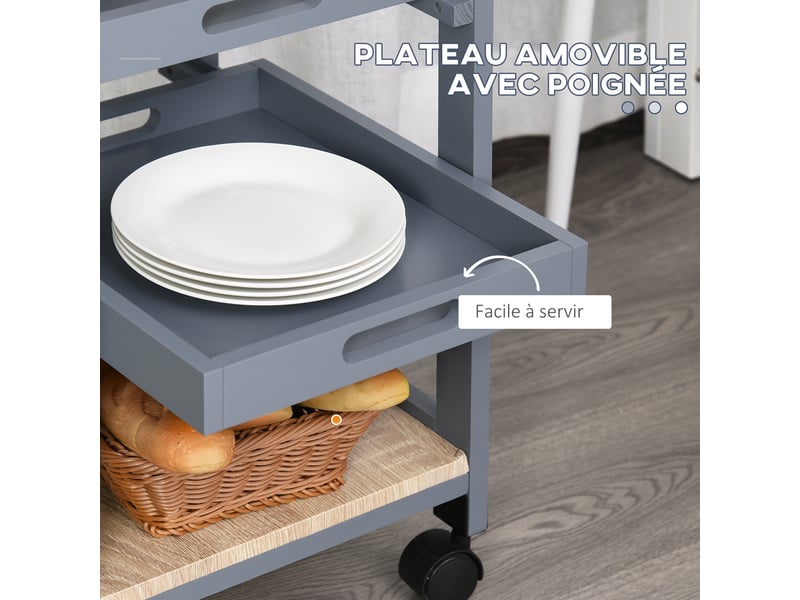  Desserte de cuisine à roulettes 2 plateaux amovibles 1 tiroir gris et chêne 37x37x76 cm  - Conforama E