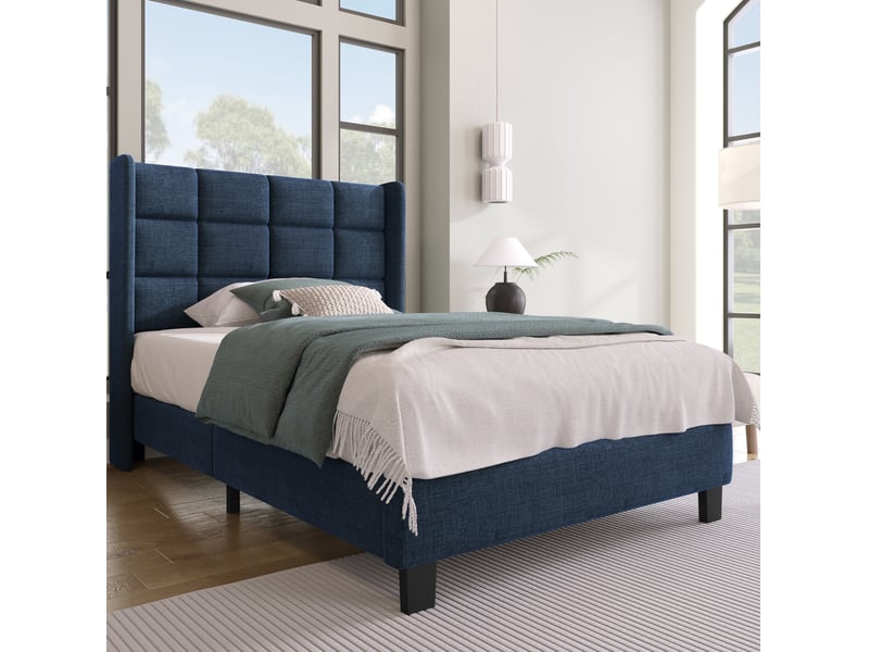  Lit simple 90x200 cm en lin bleu avec tête de lit haute et lattes, sans matelas  - Conforama B