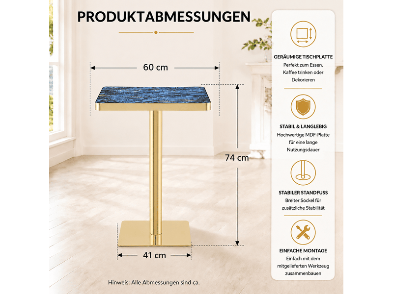  Table à manger carrée, 60x60x74 cm, aspect marbre, salle à manger, pratique, plateau mdf, piètement métal, coloris bleu  - Conforama C