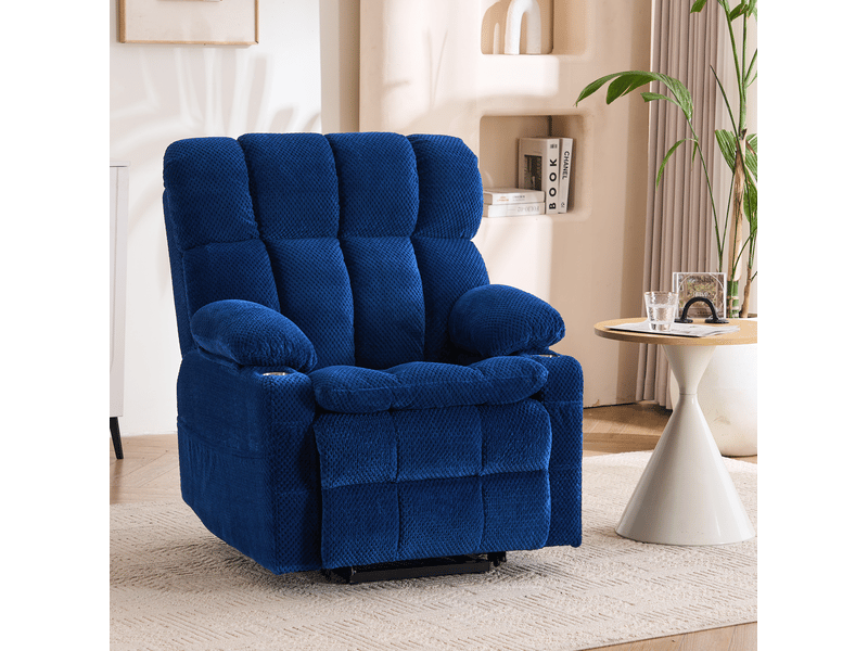  Fauteuil relax électrique avec releveur, massage 8 points, chauffage lombaire, télécommande, tissu bleu  - Conforama B