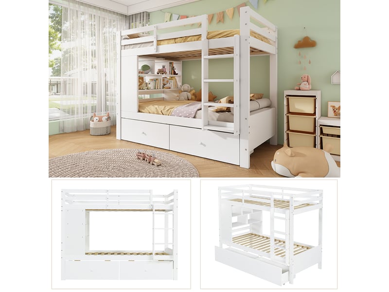  Lit superposé enfant 90x200cm blanc - bois avec 2 tiroirs, sommier et barrière  - Conforama D