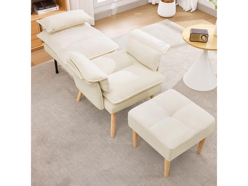  Fauteuil relax avec pouf dossier réglable 5 positions et coussin de soutien, en tissu effet lin beige  - Conforama C