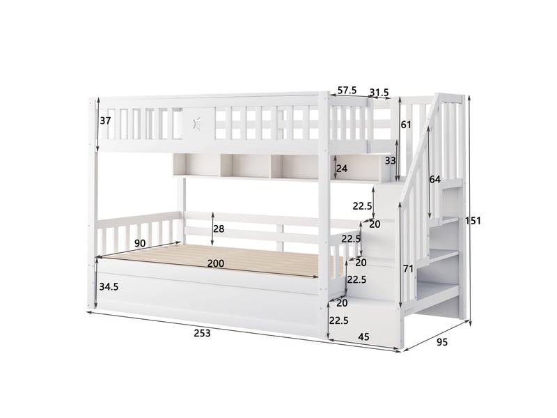  Lit superposé enfant 90x200 cm – blanc – rangement hydraulique, escalier et étagères – sans matelas  - Conforama C