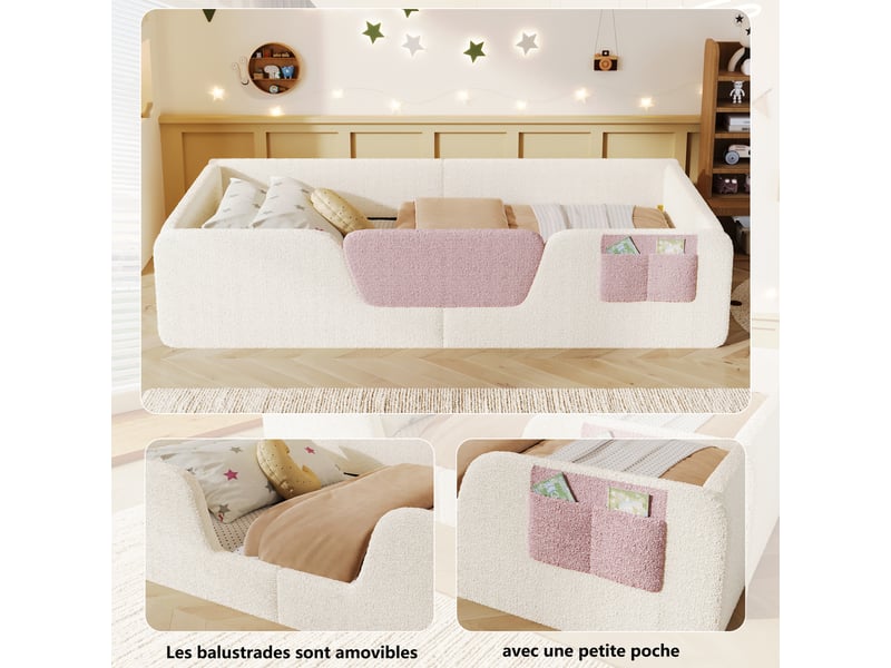  Lit enfant rembourré 90x190 cm en velours avec barrières de sécurité amovibles, poche de rangement intégrée et sans matelas - beige  - Conforama D