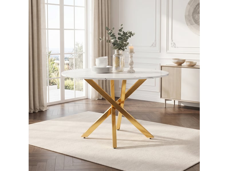  Table de salle à manger ronde 80 cm – plateau effet marbre mdf et pieds métal dorés – blanc et doré  - Conforama C