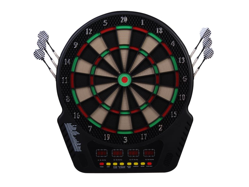  Cible fléchettes électronique 44×51,5×3,2 cm, écran led, comptage auto, sons, 6 fléchettes, 24 pointes, 27 jeux, 243 variantes, 16 joueurs  - Conforama A