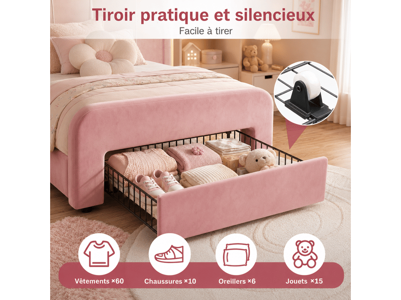  Lit enfant fille 90x200 avec tiroir - led rgb réglable - tête de lit avec oreilles de lapin - sommier - lit une place - velours rose  - Conforama B