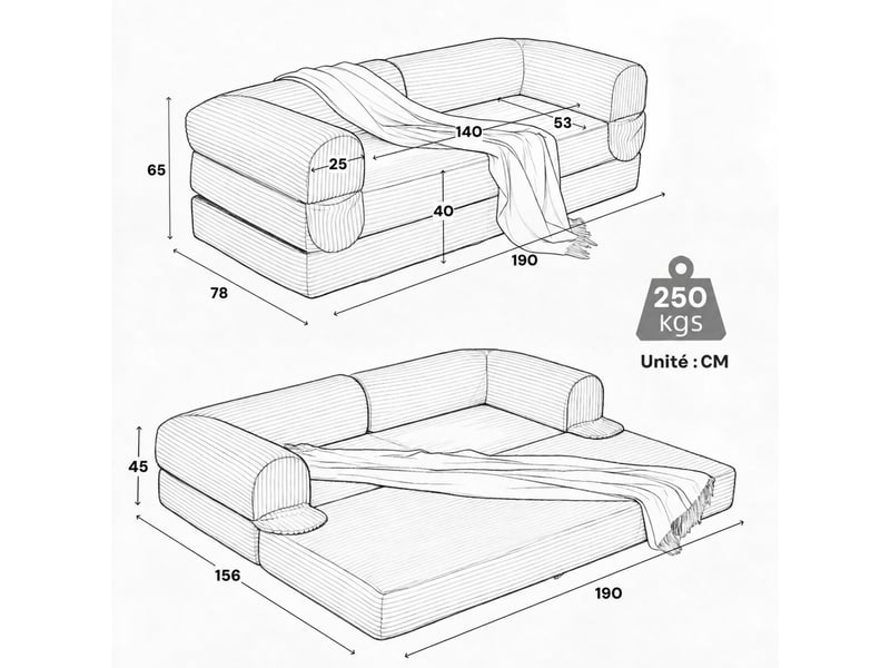  Canapé convertible 2 places en lit double  - accoudoirs rembourrés, velours côtelé - orange  - Conforama E