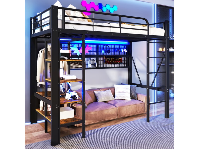  Lit mezzanine 90 x 200 cm, structure métal, led, bureau, étagères, panneau perforé, usb, sans matelas, noir  - Conforama E