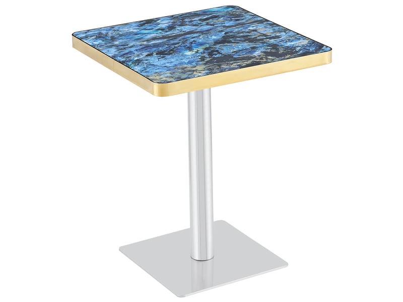 Table à manger carrée avec plateau effet marbre bleu, bordure dorée, piètement en métal - Conforama A