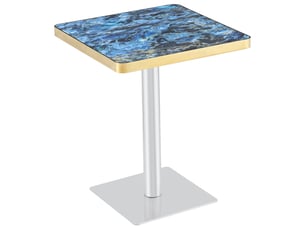 Table à manger carrée avec plateau effet marbre bleu, bordure dorée, piètement en métal