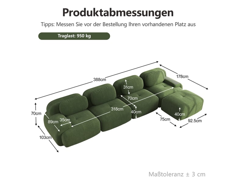 Canapé d'angle modulable 4 places en velours côtelé vert, sans montage, avec méridienne pour grand salon - Conforama C