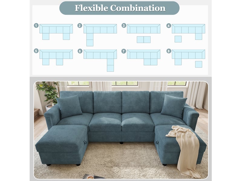  Canapé modulable 261 x 134 x 82 cm bleu en chenille, 2 poufs de rangement avec ports usb et type-c  - Conforama E