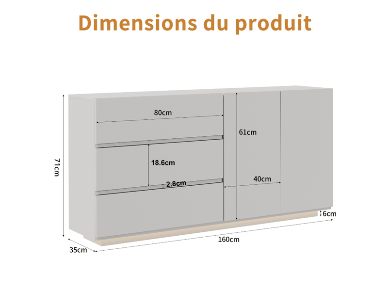  Buffet bas 2 portes 3 tiroirs - 160 x 35 x 76 cm-blanc - enfilade design haute brillance avec éclairage led et portes push-open  - Conforama B