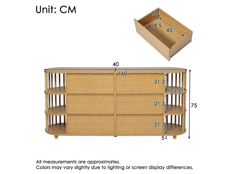  Commode, 6 tiroirs et étagères ouvertes, design romain, buffet, meuble de rangement, meuble de foyer, réglable en hauteur, chêne  - Conforama C