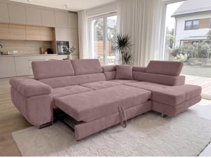 Canapé d'angle droit convertible <strong>AX LIVING </strong> <strong>Konak</strong> 4 places Velours côtelé rose avec coffre de rangement